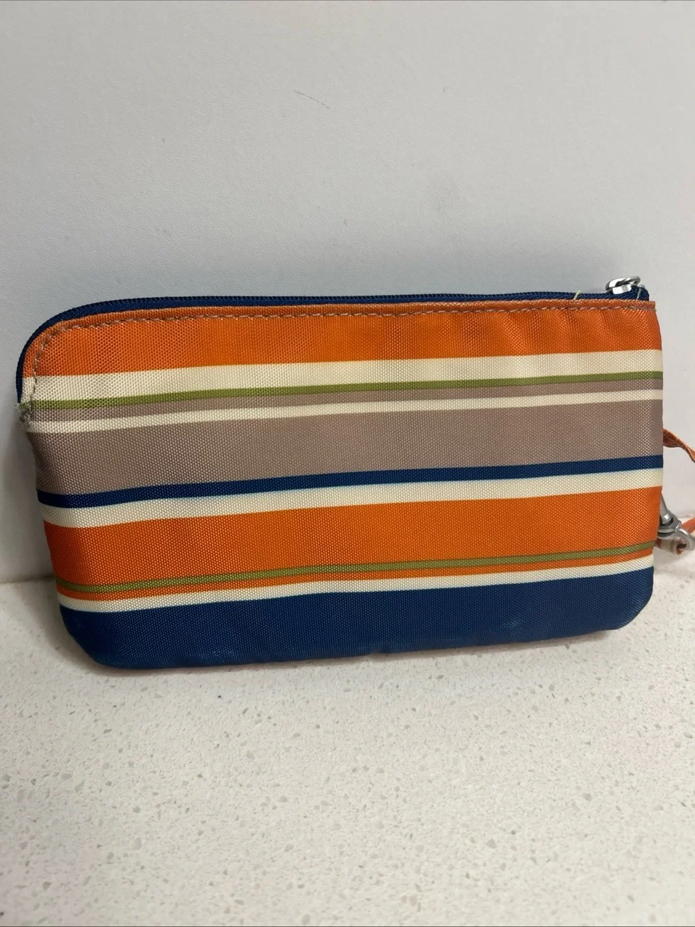 Baggallini Orange, Navy & Cream Striped Double Zip RFID Wristlet
